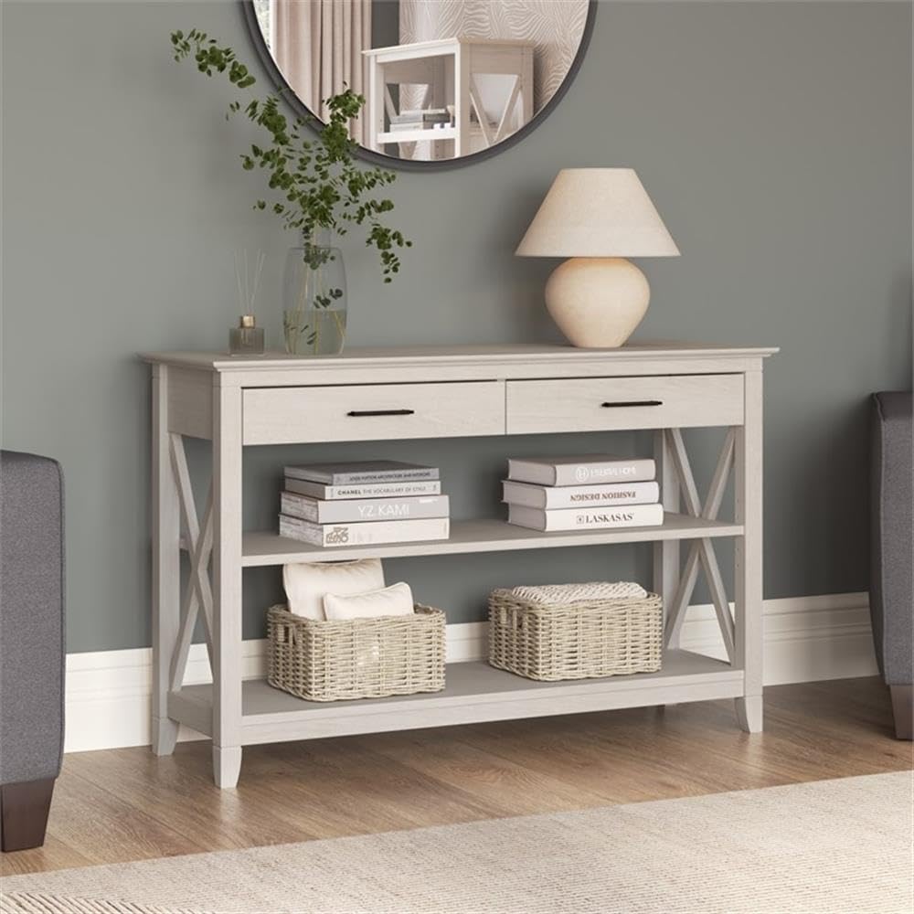 Linen White Oak Console Table with Drawers and Shelves O477353