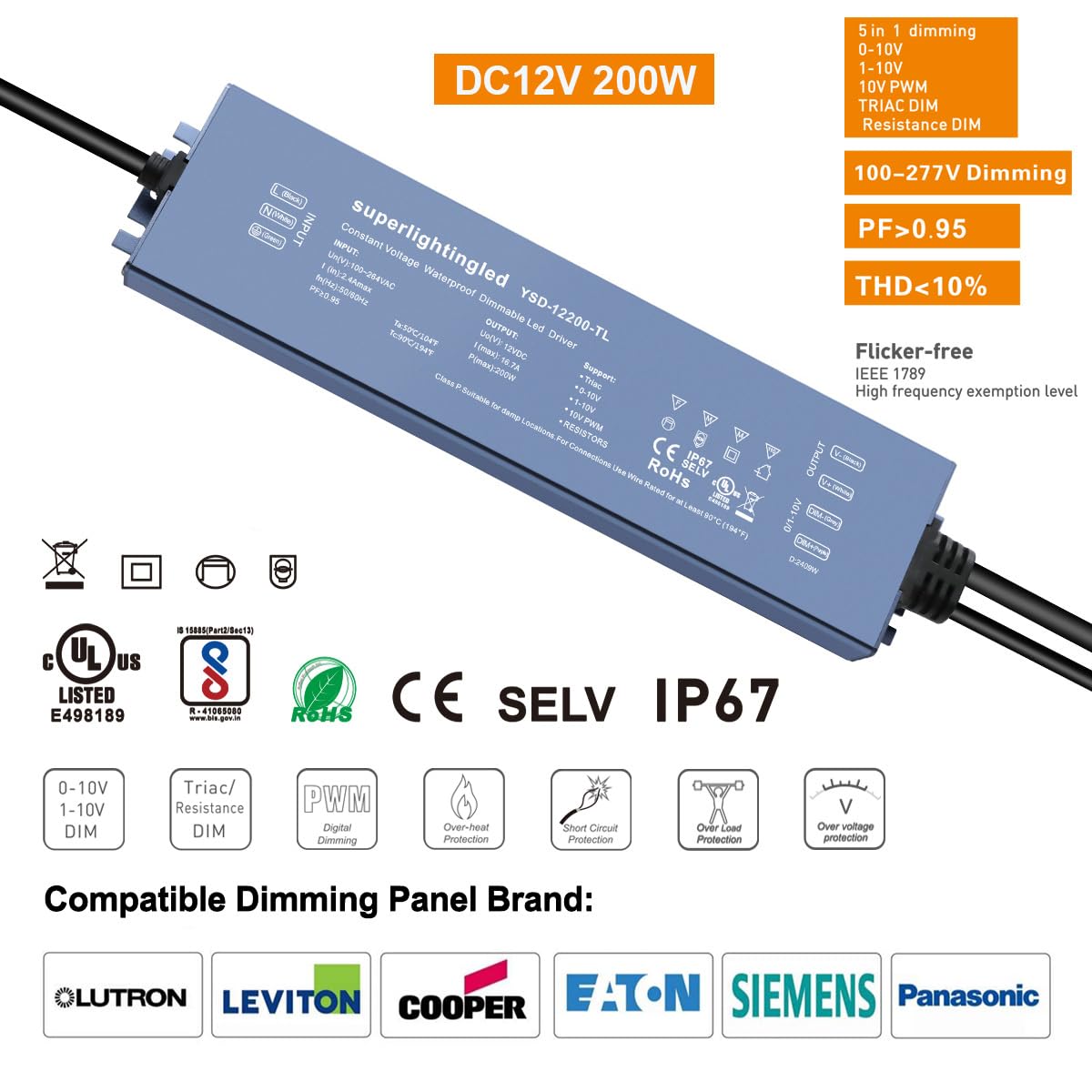 200W 0/1-10V & TRIAC Dimmable Waterproof IP67 12V Low Voltage Transformer L6829