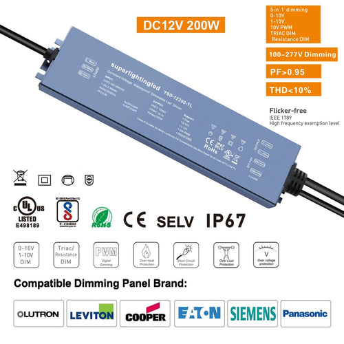 200W 0/1-10V & TRIAC Dimmable Waterproof IP67 12V Low Voltage Transformer L6829