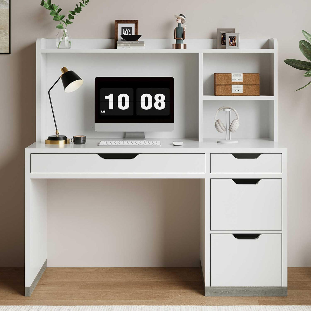 White Desk with Hutch and 4 Drawers R441451