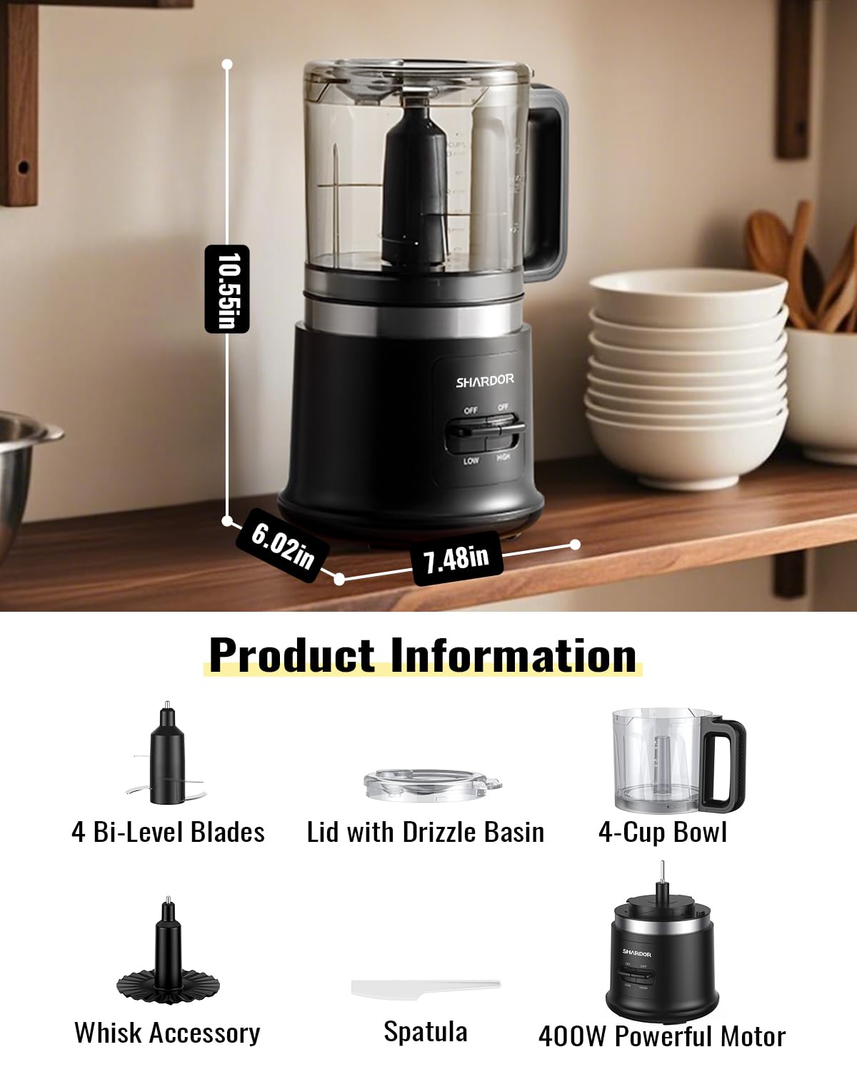 4 Cup Electric Food Processor with Stainless Steel Blades O2119