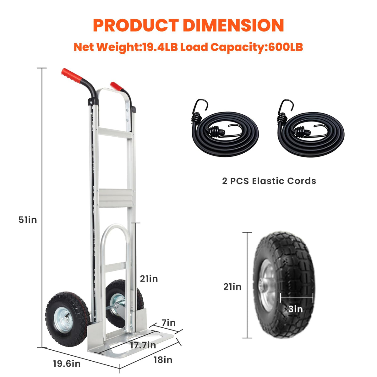 Aluminum Hand Truck Dolly Cart with 10" Pneumatic Tire, 600 LBS Capacity N849