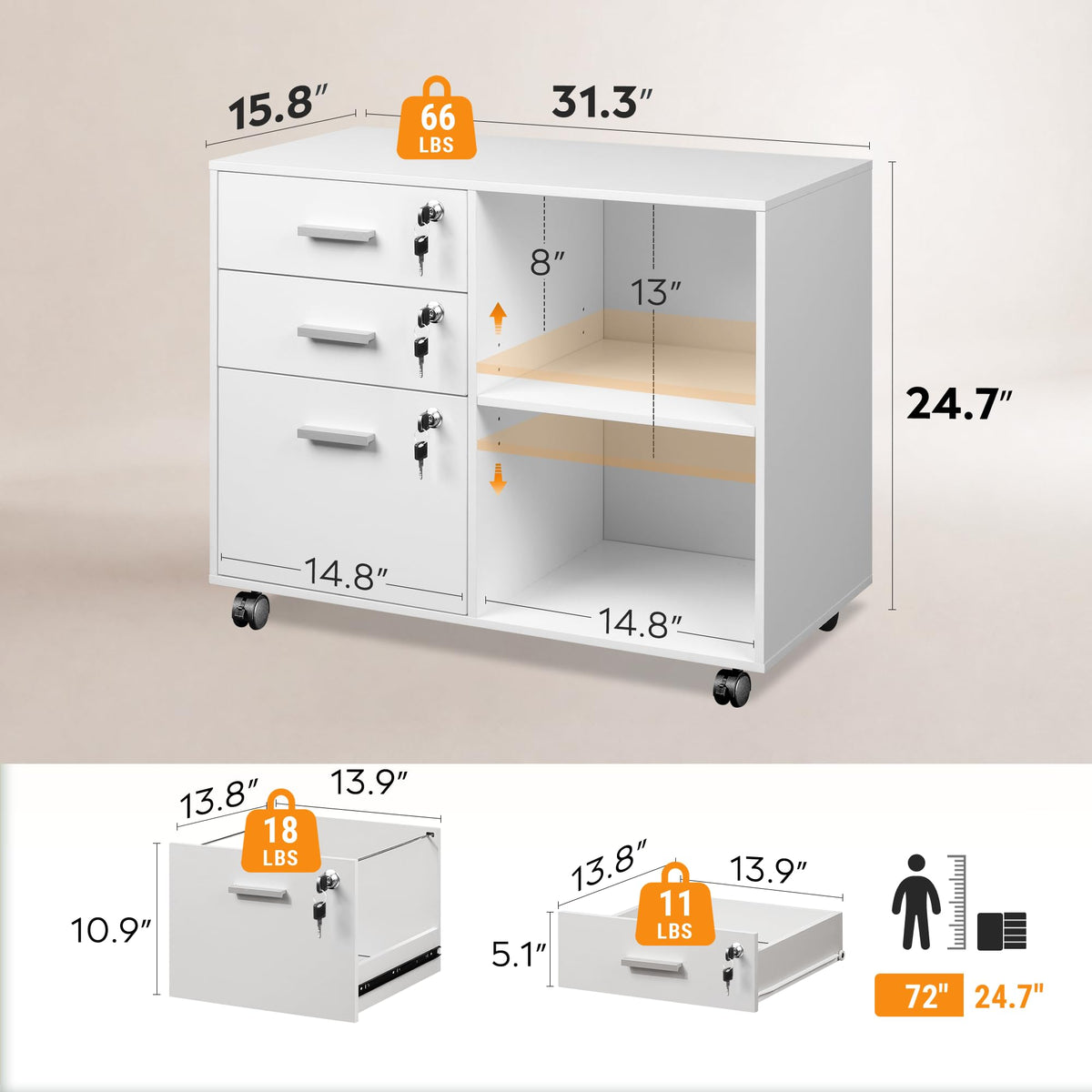 White 3 Drawer Wood File Cabinet with Lock W83410