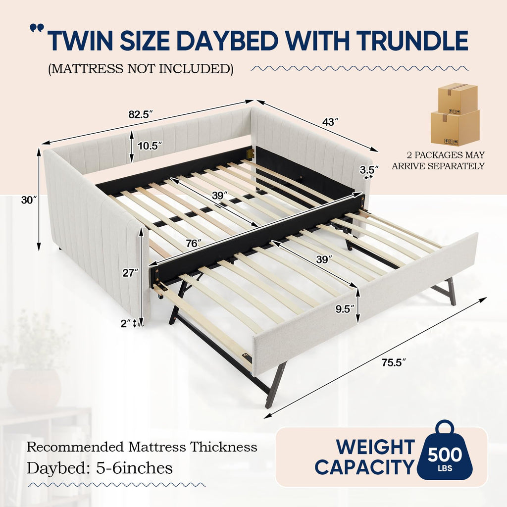 Beige Linen Twin Size Daybed with Trundle Z38306