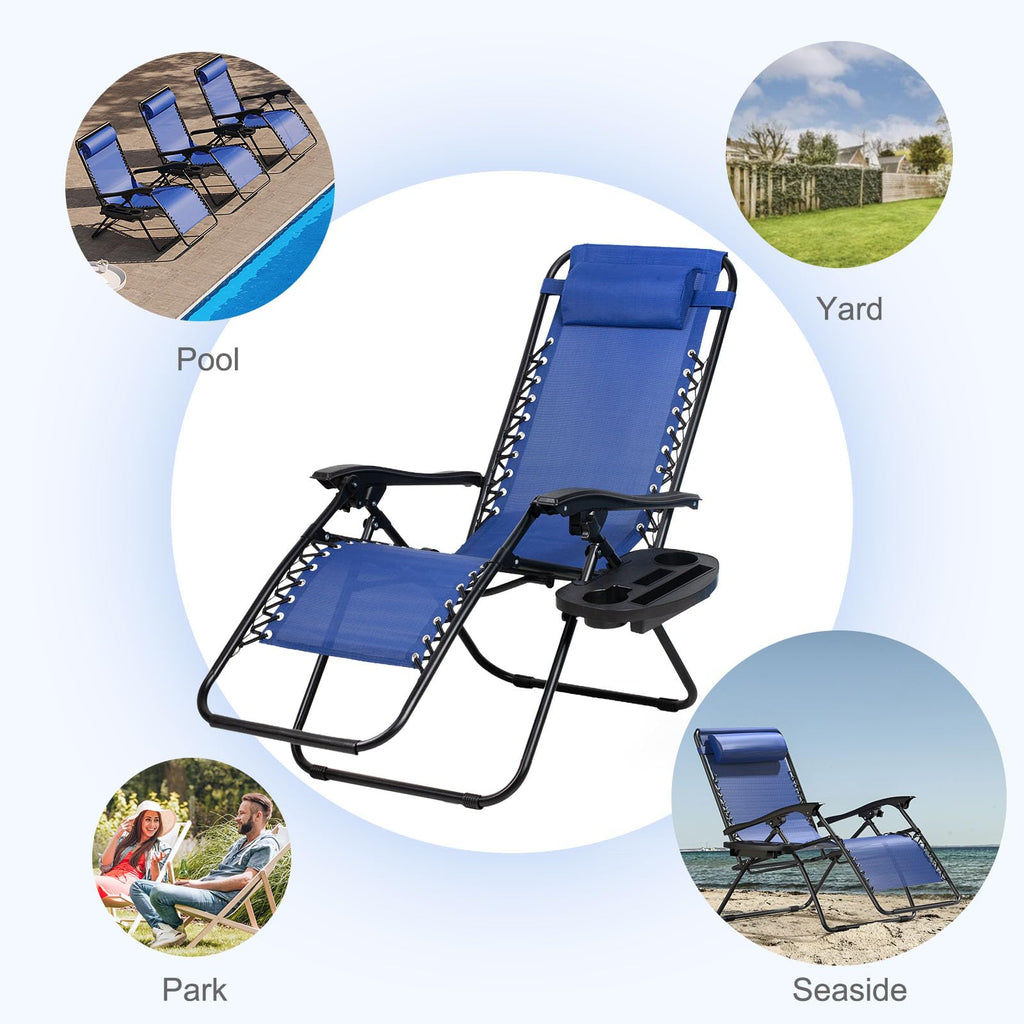 Set of 2 Adjustable Steel Mesh Zero Gravity Lounge Chairs with Pillow and Cup Holder J43306