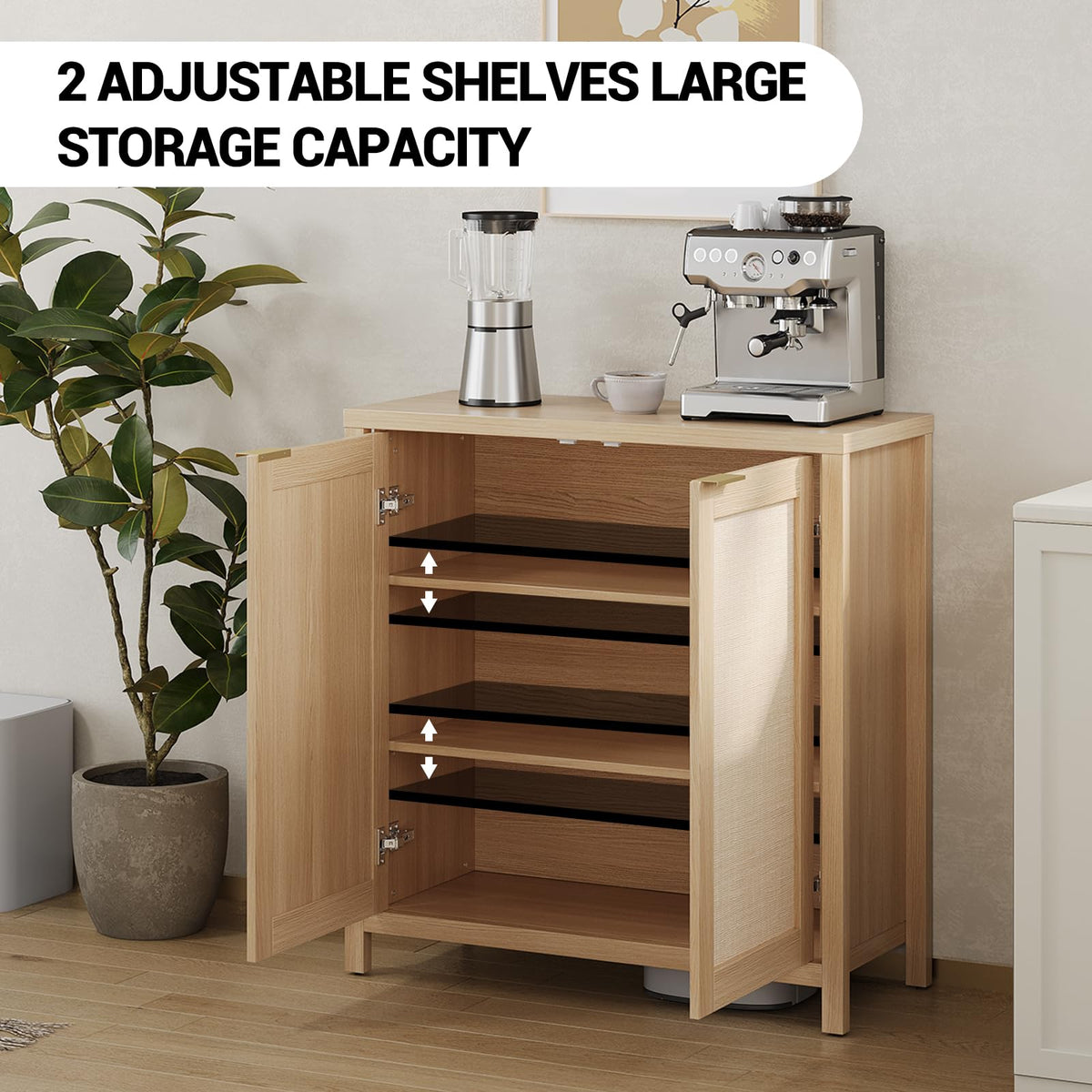 Light Oak Rattan Storage Cabinet with Adjustable Shelves P20033