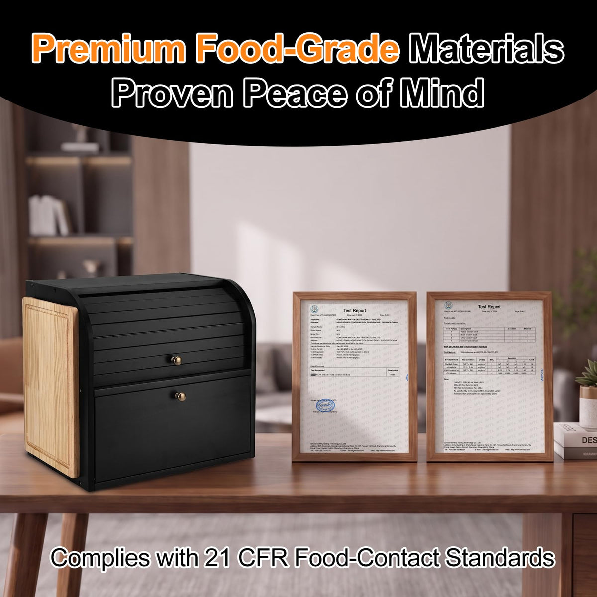 Black Roll Top Bread Box with Cutting Board F999458