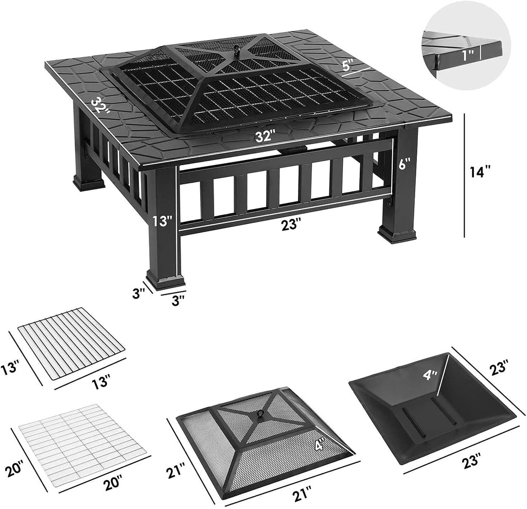 32'' Wood Burning Square Fire Pit with Grill Grate Q248543