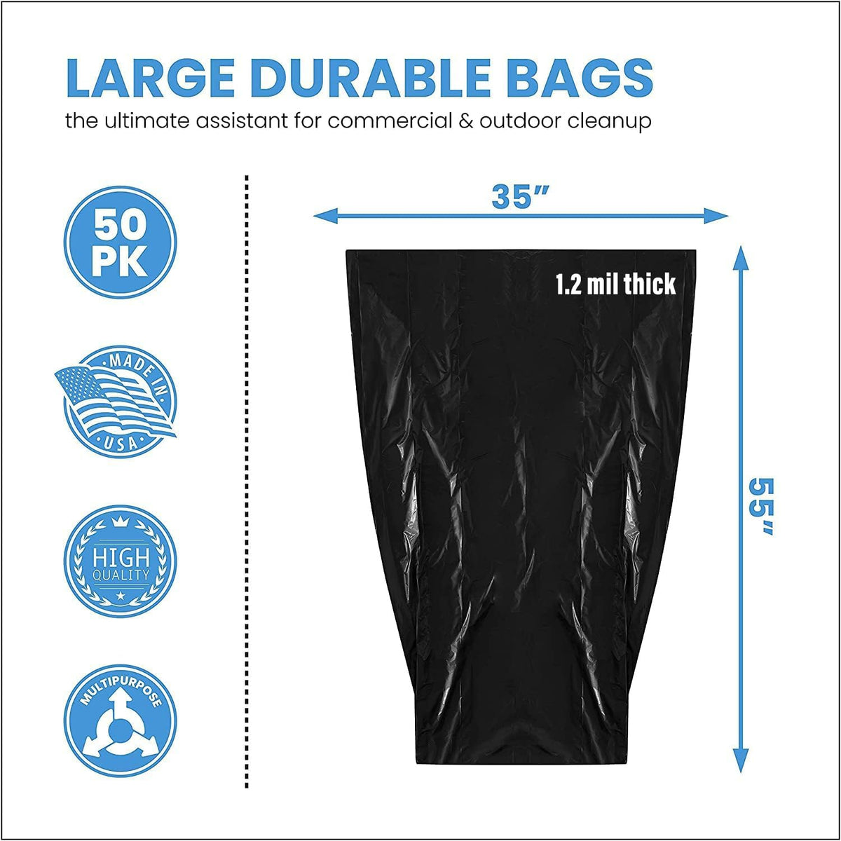 55 Gallon Heavy Duty Trash Bags, 50 Ct, Black, 1.2 Mil V41636