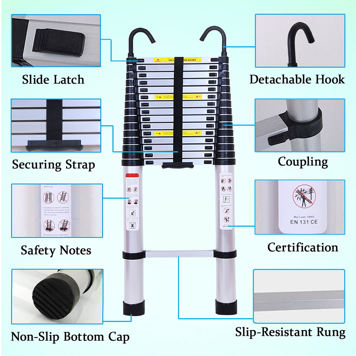 20.5FT Aluminum Telescoping Ladder with 2 Detachable Hooks X20028