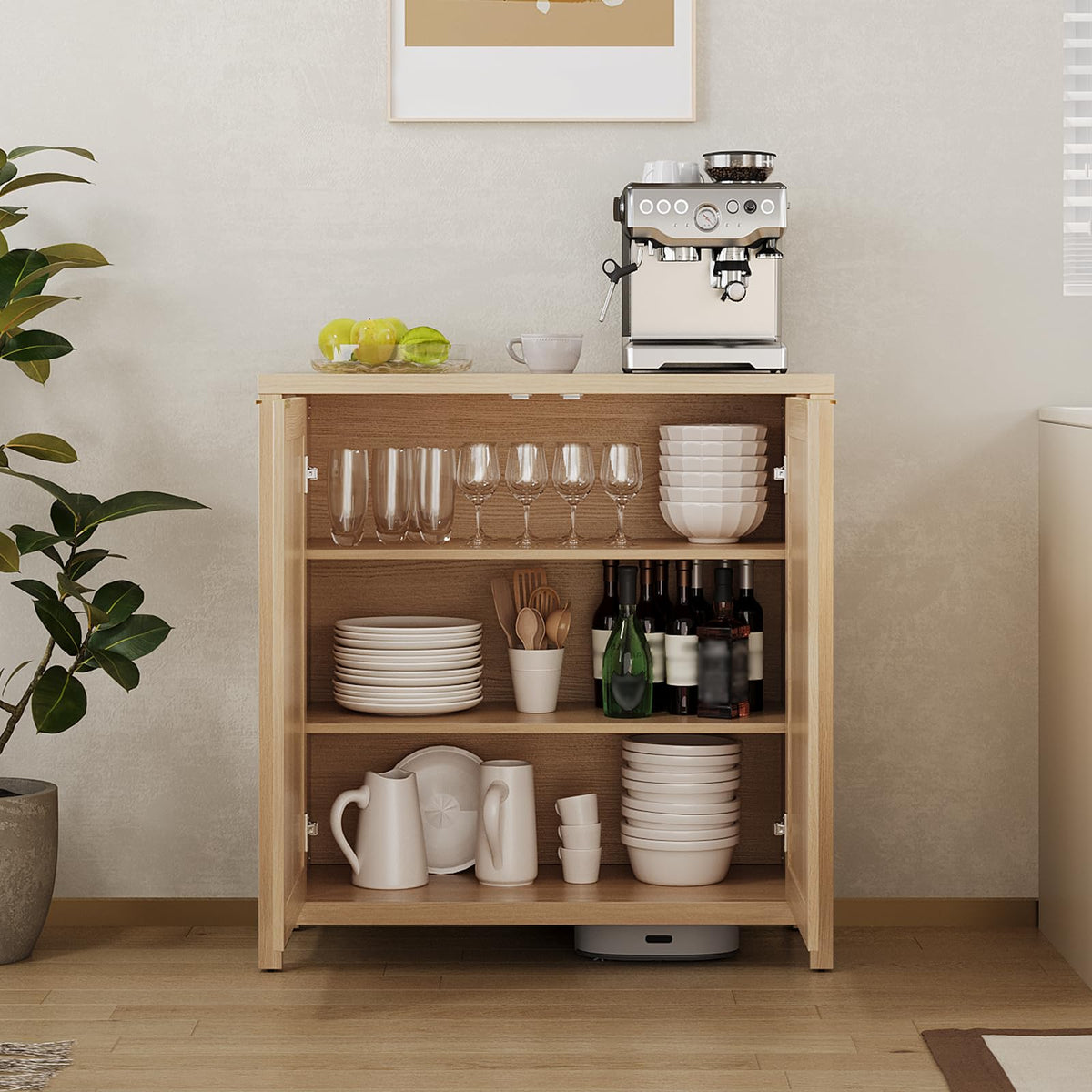 Light Oak Rattan Storage Cabinet with Adjustable Shelves P20033