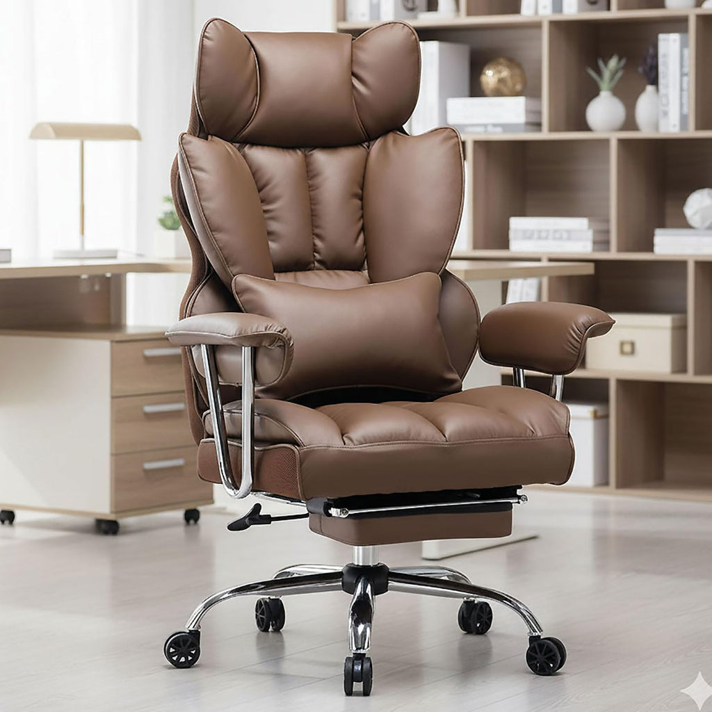 Big and Tall Brown PU Leather Office Chair with Lumbar Support Y688769