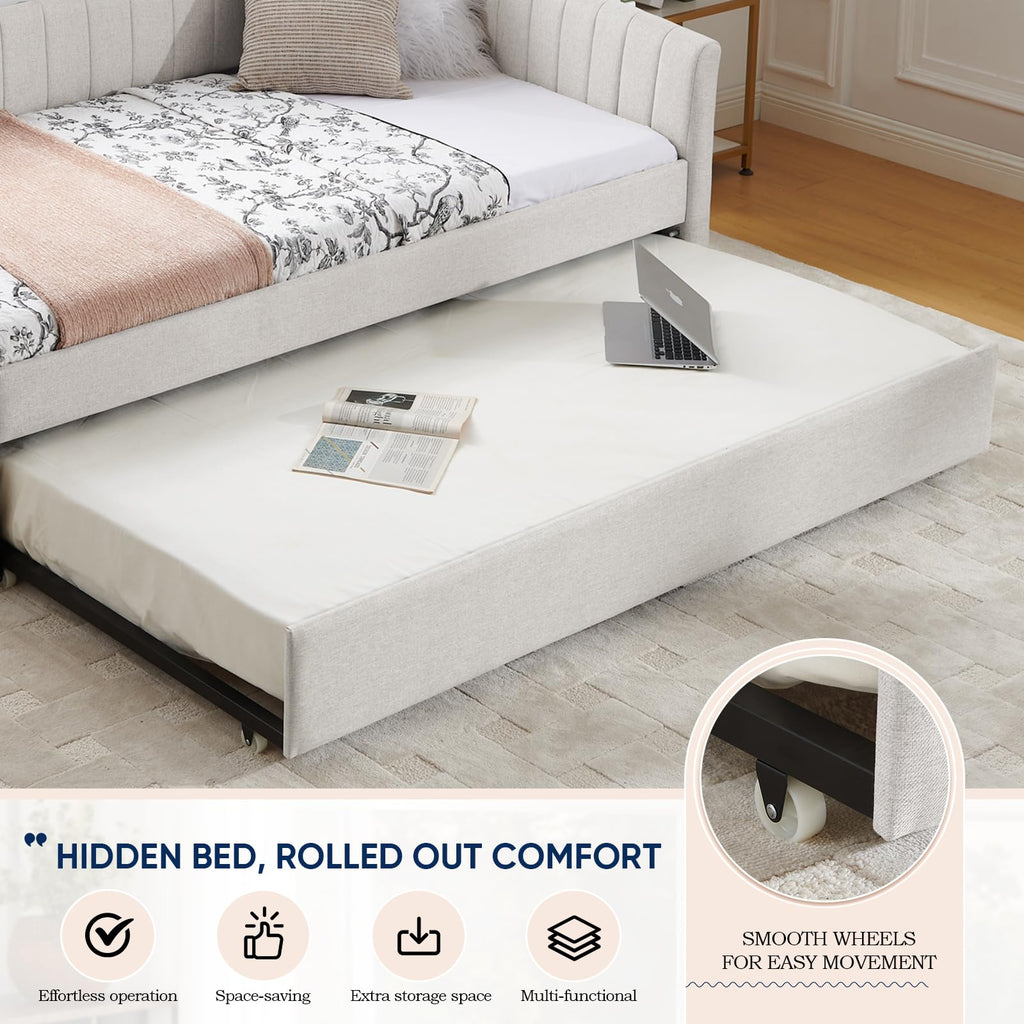 Beige Linen Twin Size Daybed with Trundle Z38306