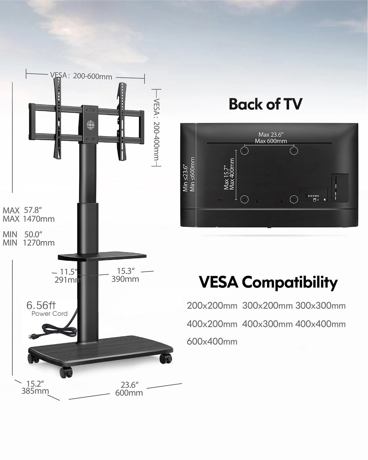 Black Rolling TV Stand for 32-75 Inch TVs V772