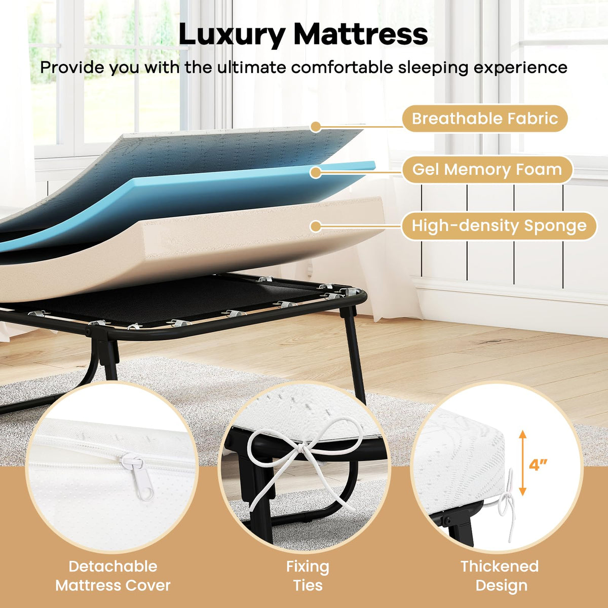 Folding Bed with Mattress Memory Foam Metal Frame L59229