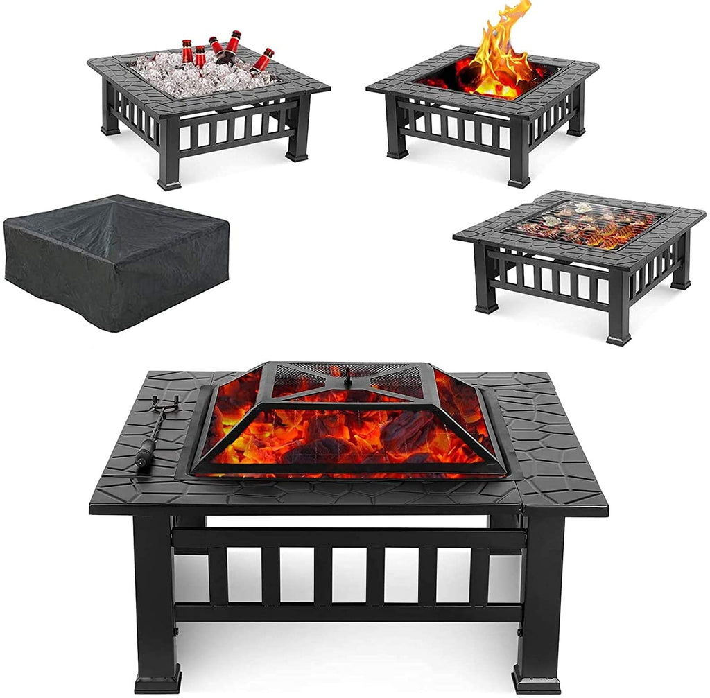 32'' Wood Burning Square Fire Pit with Grill Grate Q248543