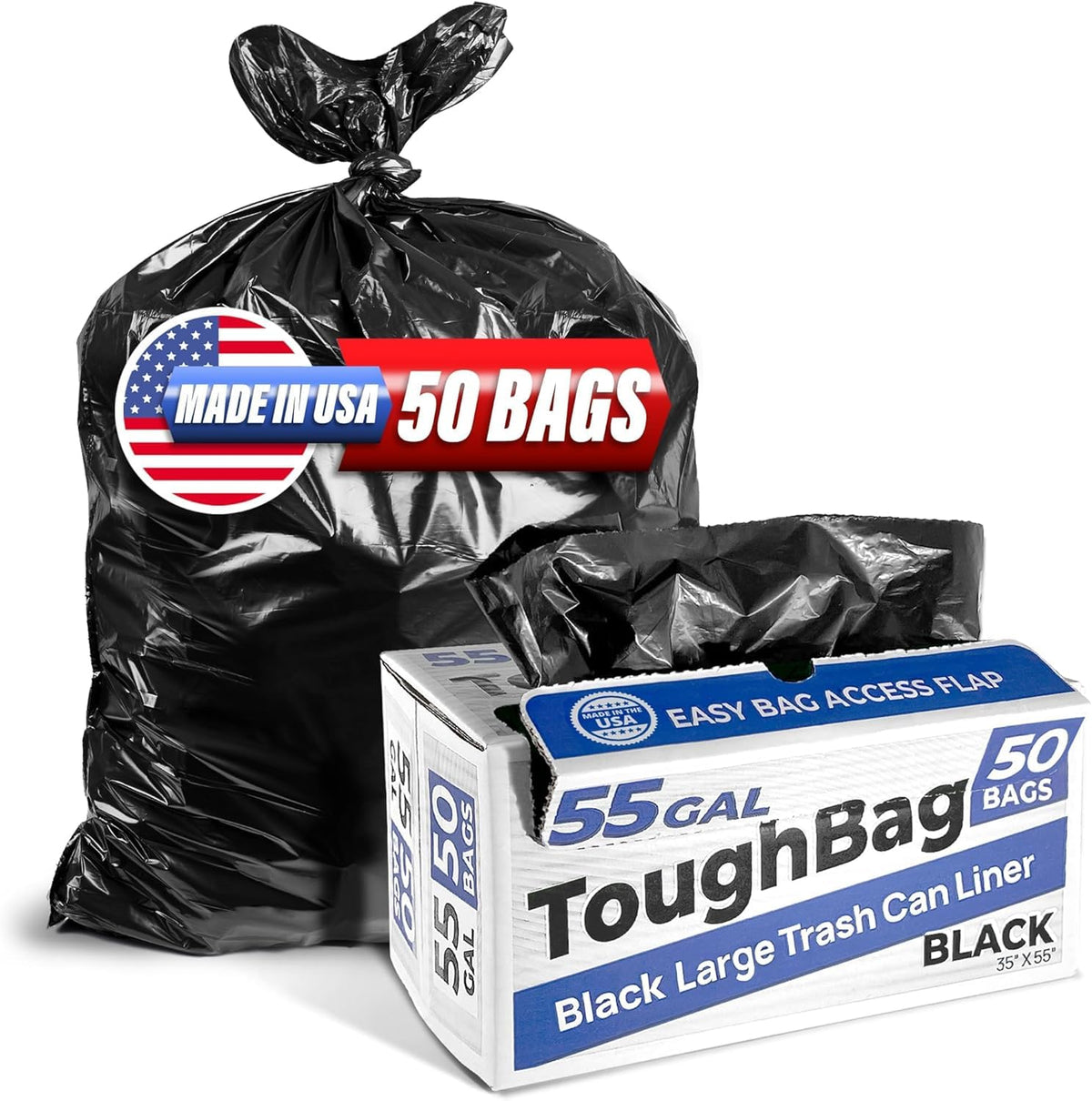 55 Gallon Heavy Duty Trash Bags, 50 Ct, Black, 1.2 Mil V41636
