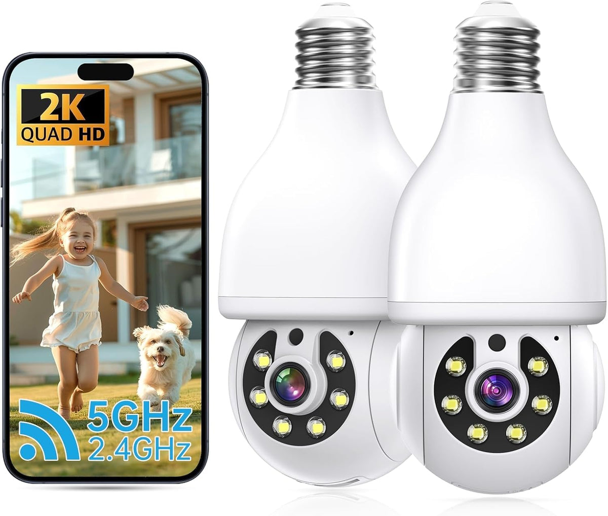 2K Light Bulb Security Camera 5G&2.4G WiFi 360° 2 Pack N13706