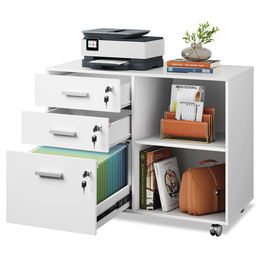 White 3 Drawer Wood File Cabinet with Lock W83410