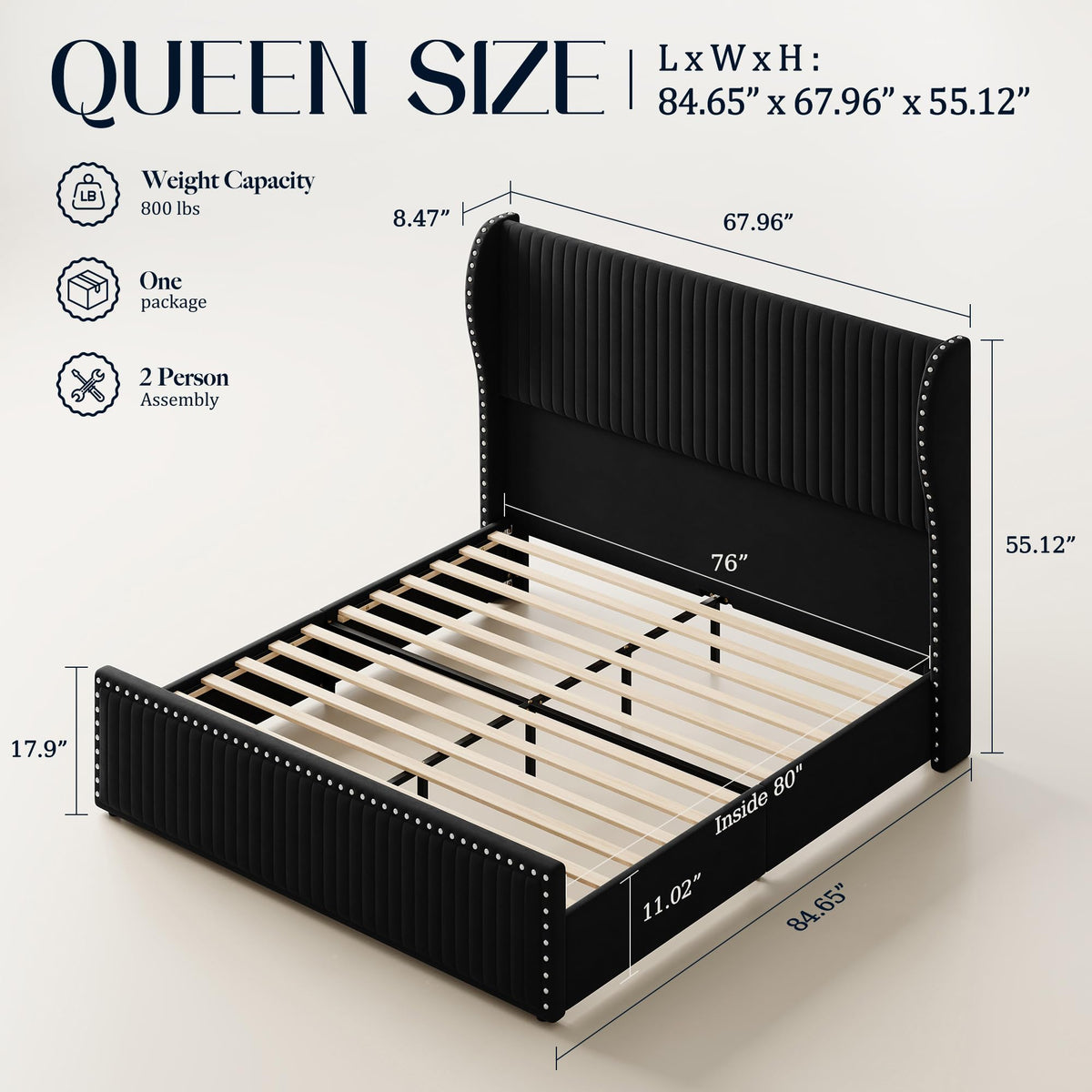 Queen Size Bed Frame with 55" Headboard Black Y57598