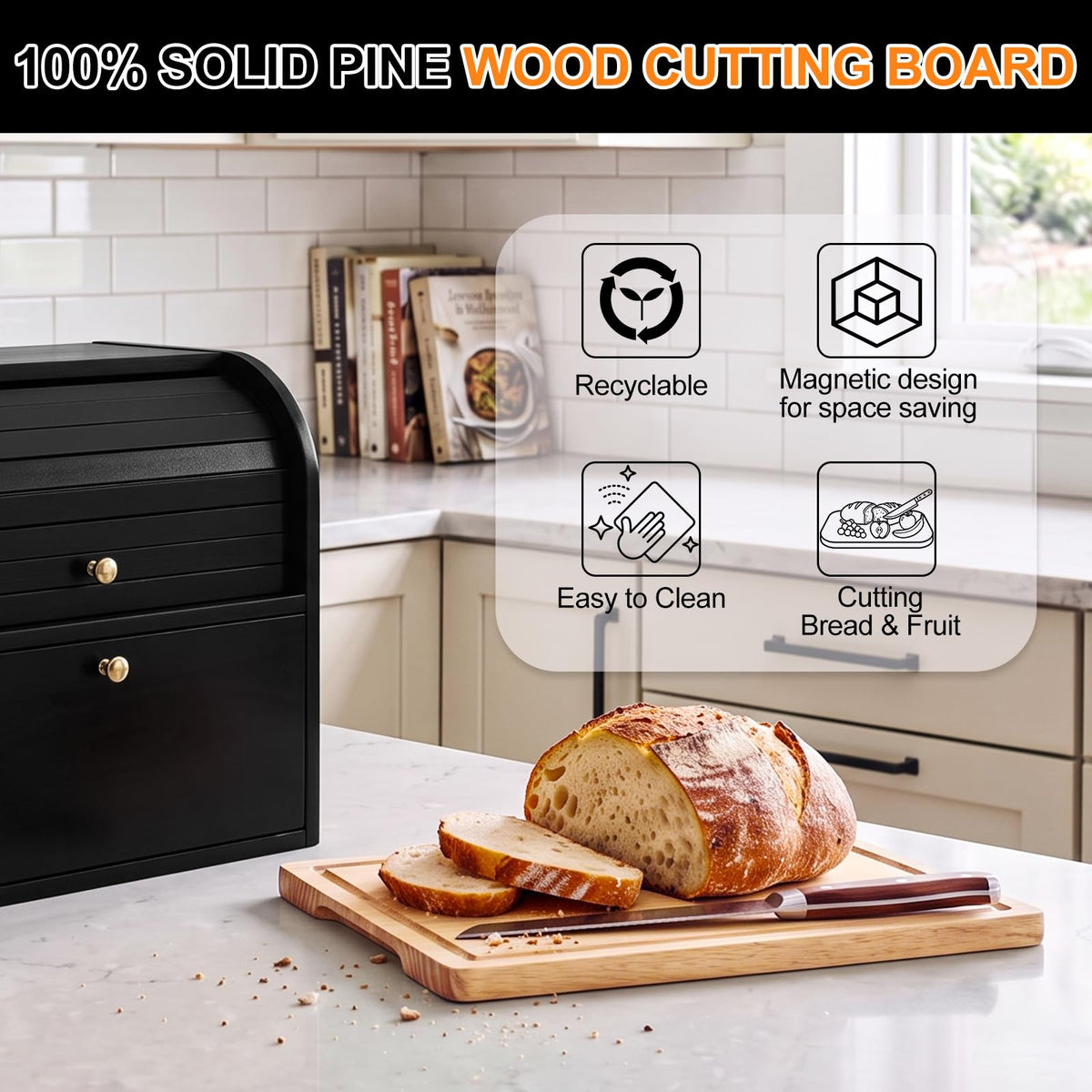 Black Roll Top Bread Box with Cutting Board F999458