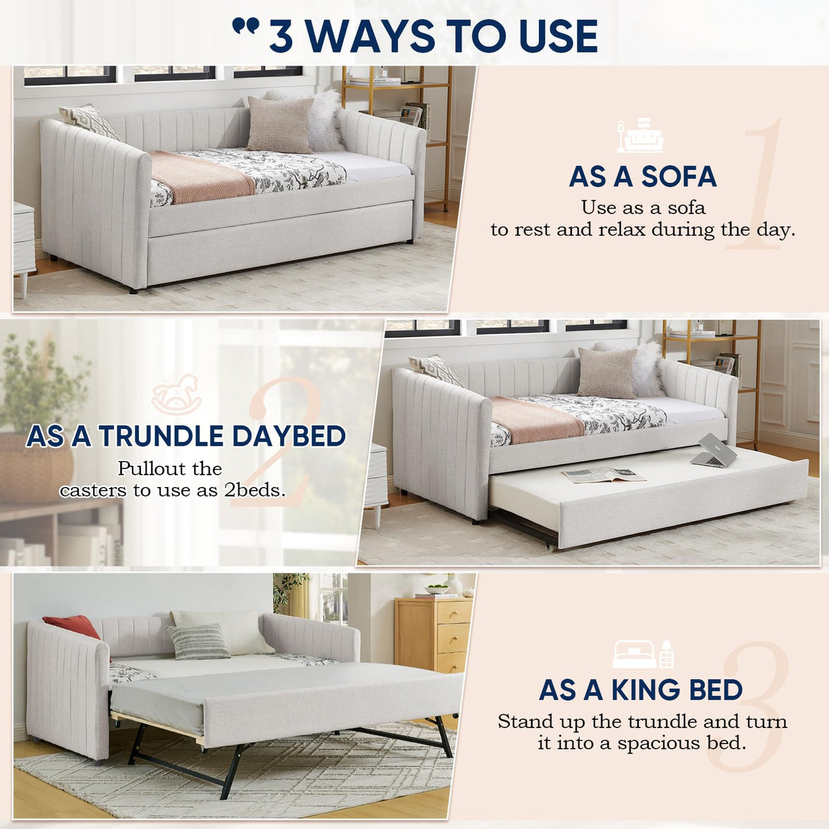 Beige Linen Twin Size Daybed with Trundle Z38306