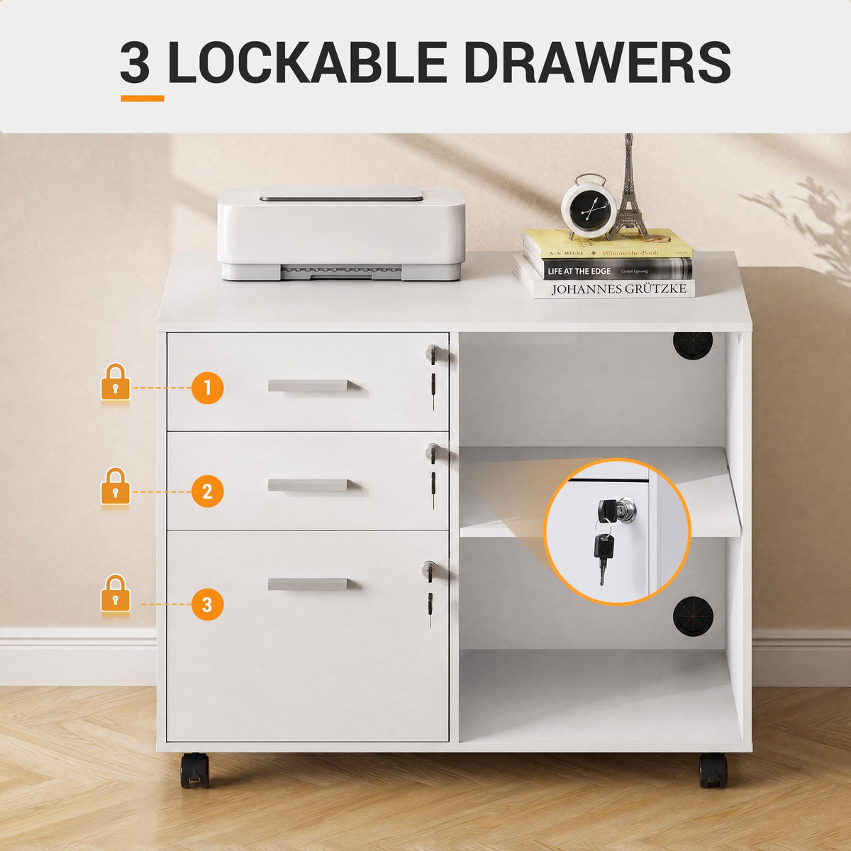 White 3 Drawer Wood File Cabinet with Lock W83410