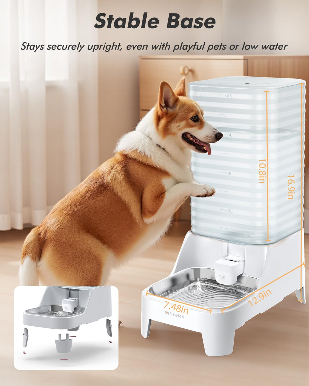 8L Stainless Steel Gravity Dog Water Bowl Dispenser with Filter E53386