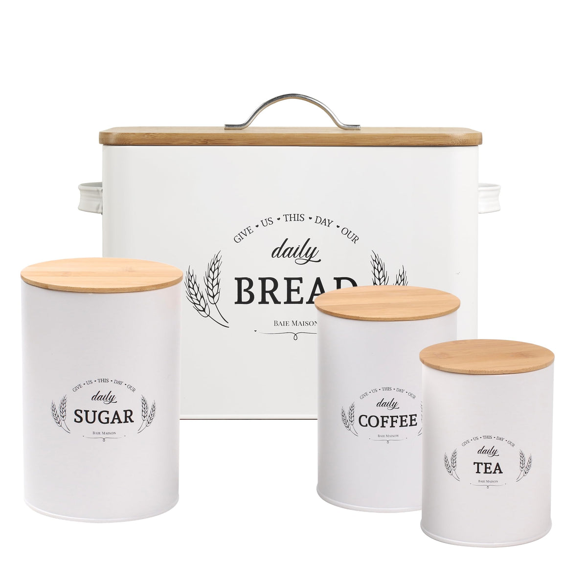 Extra Large White Farmhouse Bread Box with Canisters Set of 3 T5894