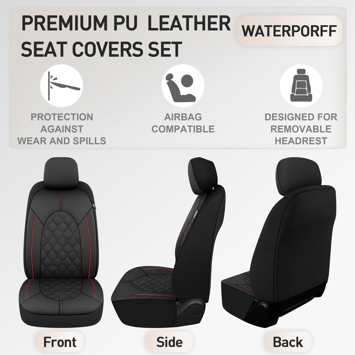 PU Leather Car Seat Covers Full Set Waterproof Split Bench Black Red Q367146