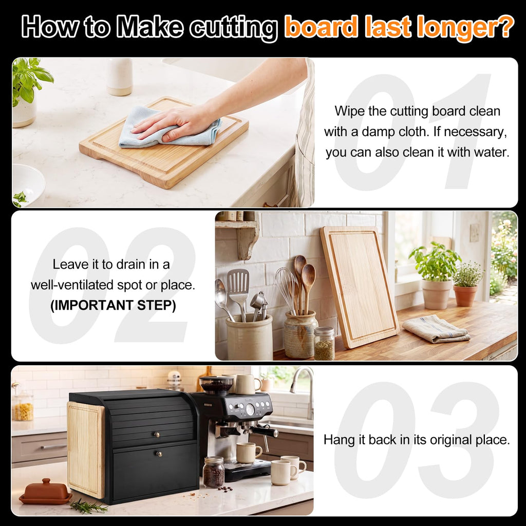 Black Roll Top Bread Box with Cutting Board F999458