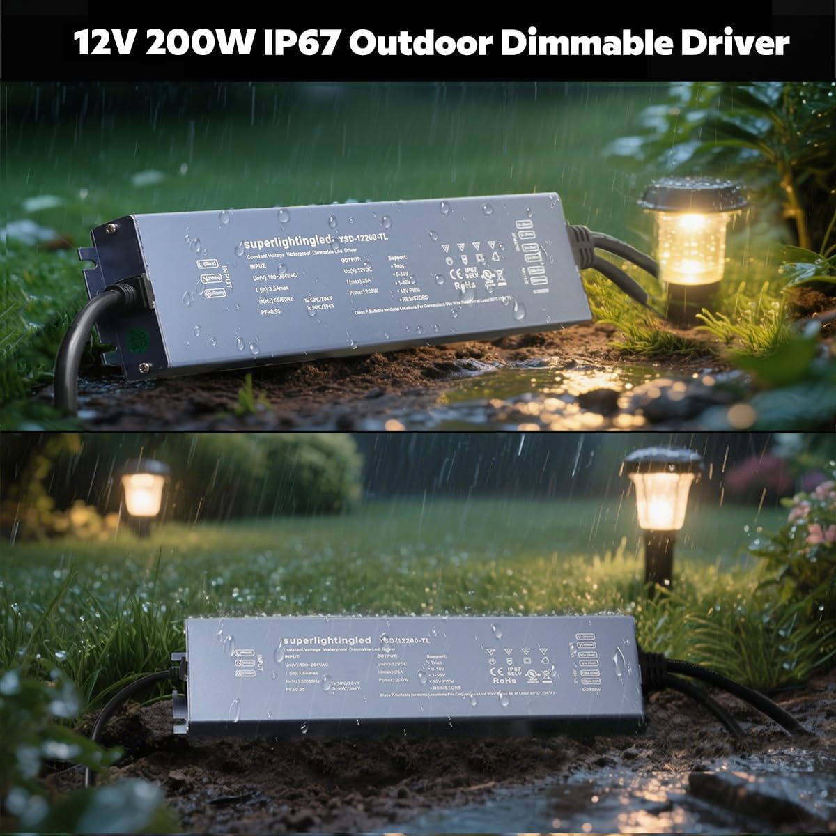 200W 0/1-10V & TRIAC Dimmable Waterproof IP67 12V Low Voltage Transformer L6829