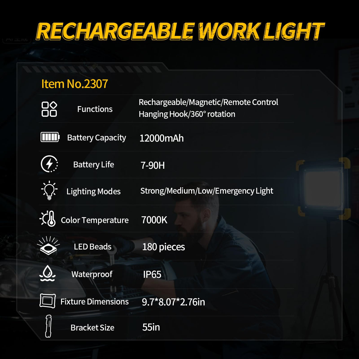 12000mAh Rechargeable LED Work Light with Stand I34755
