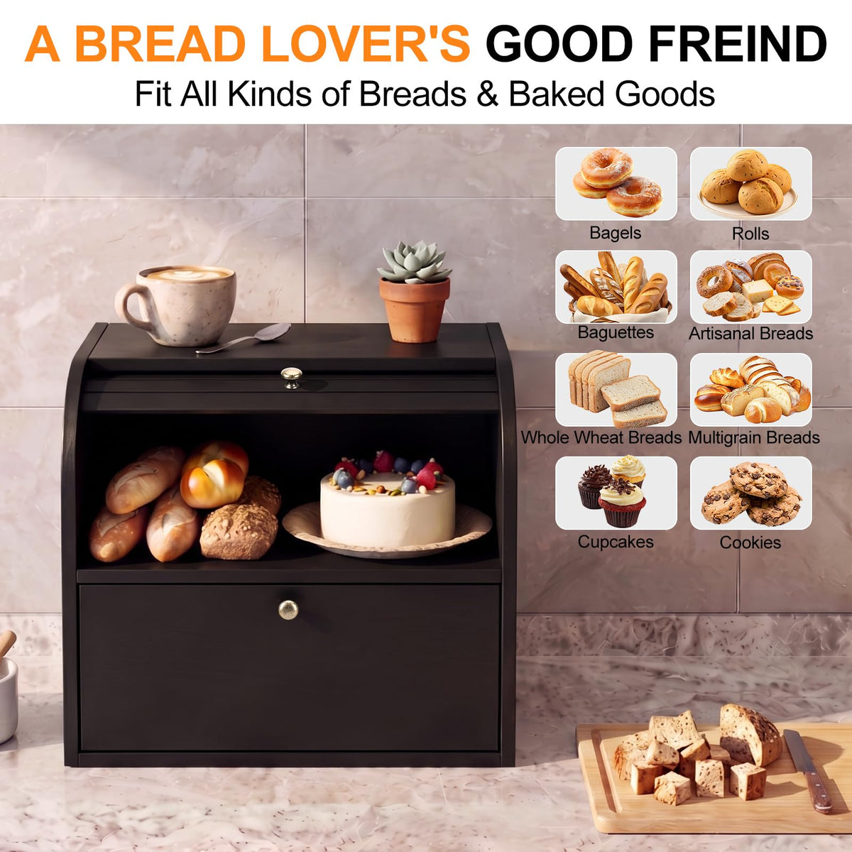 Black Roll Top Bread Box with Cutting Board F999458
