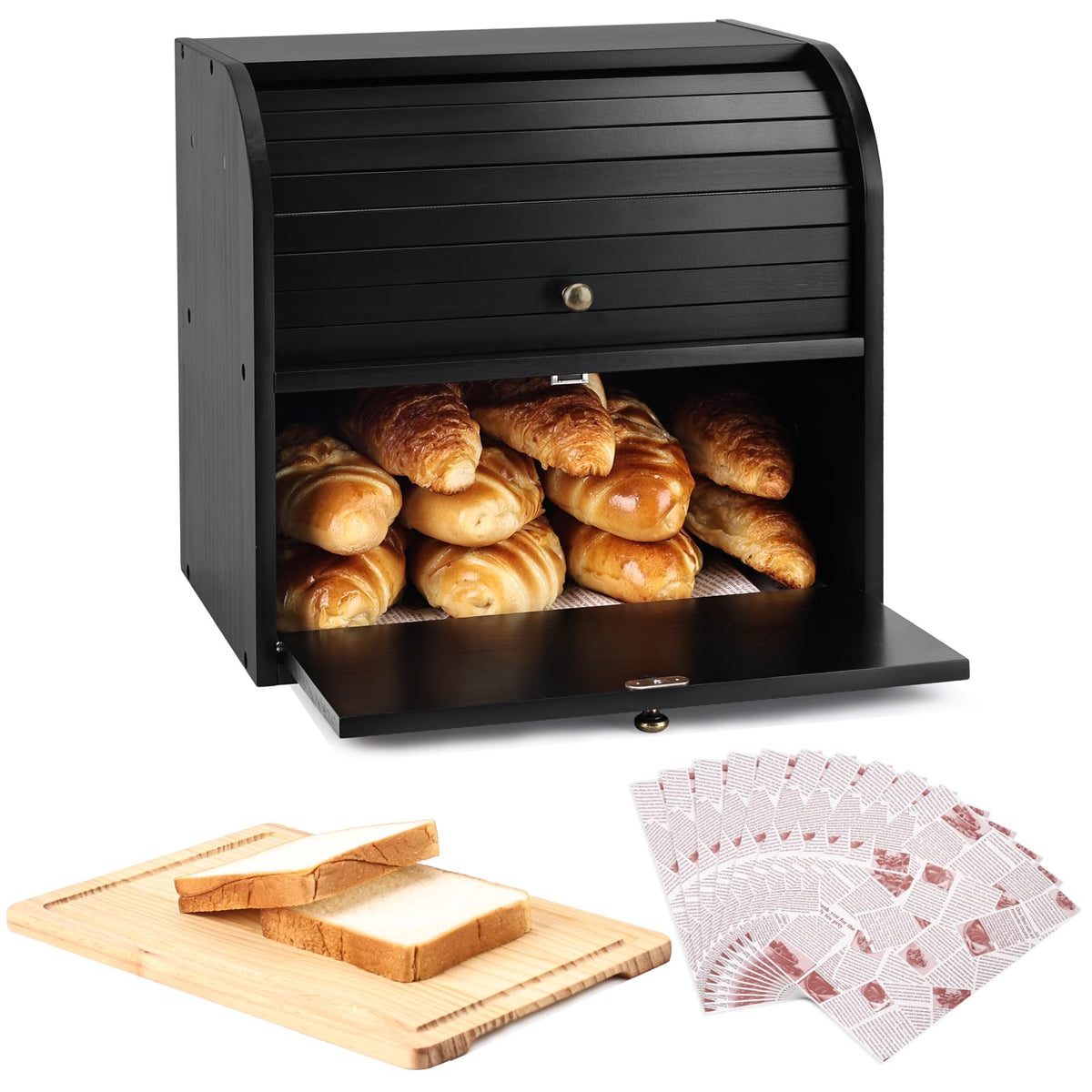 Black Roll Top Bread Box with Cutting Board F999458