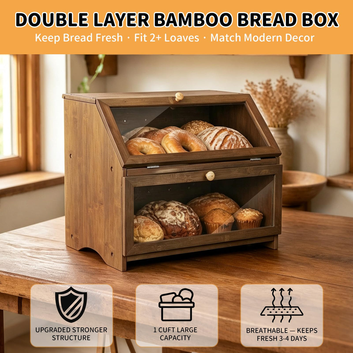Double Layer Wooden Bread Box T9849