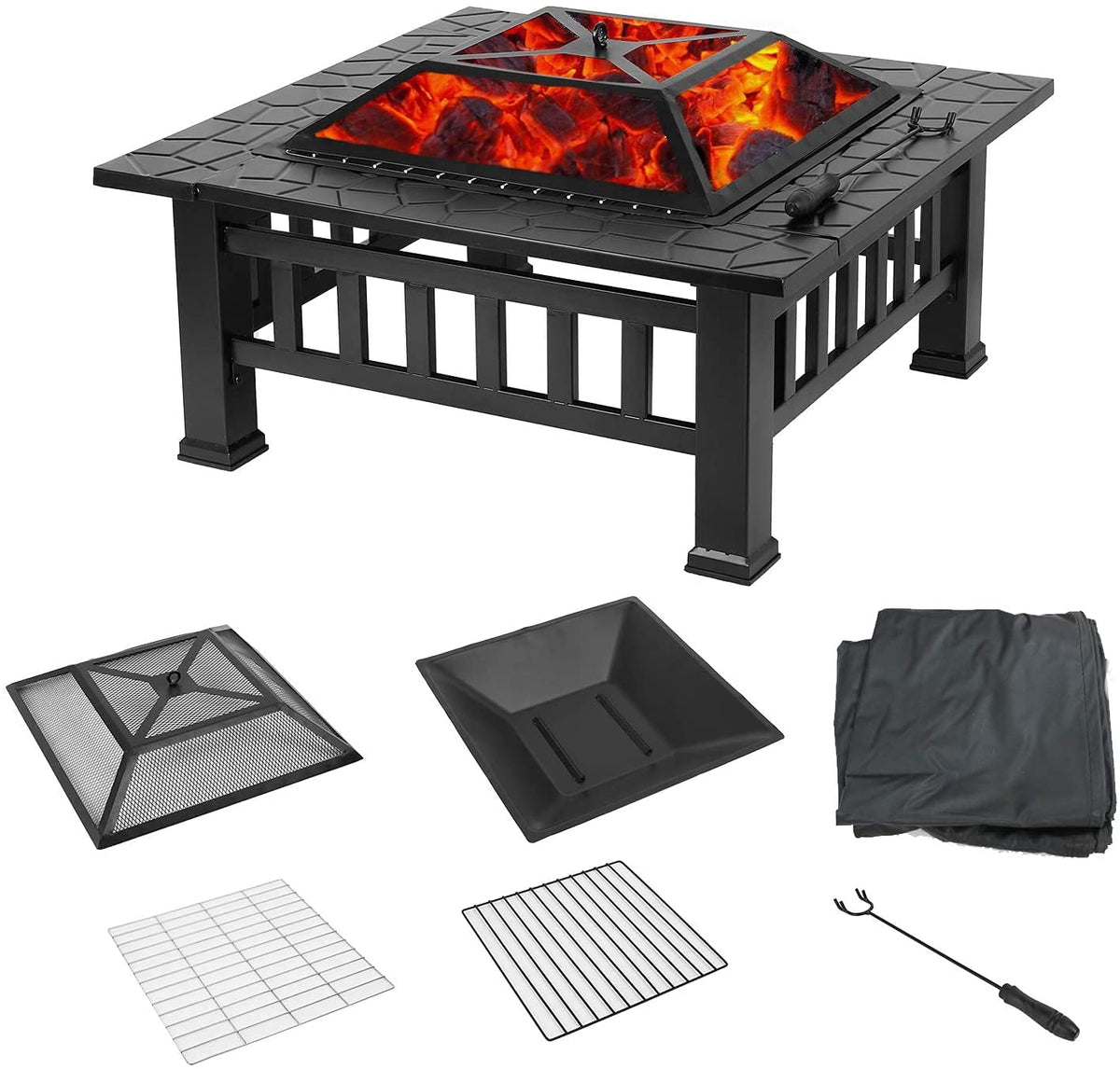 32'' Wood Burning Square Fire Pit with Grill Grate Q248543