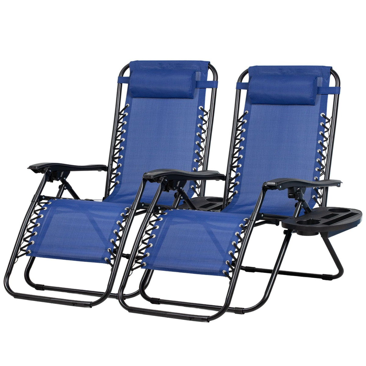 Set of 2 Adjustable Steel Mesh Zero Gravity Lounge Chairs with Pillow and Cup Holder J43306