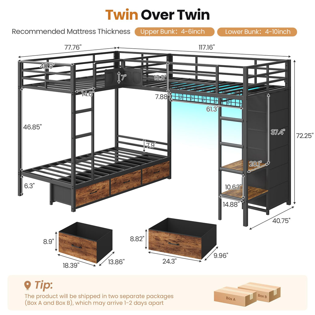 Black Twin Over Twin Triple Bunk Bed with 9 Storage Drawers N726902