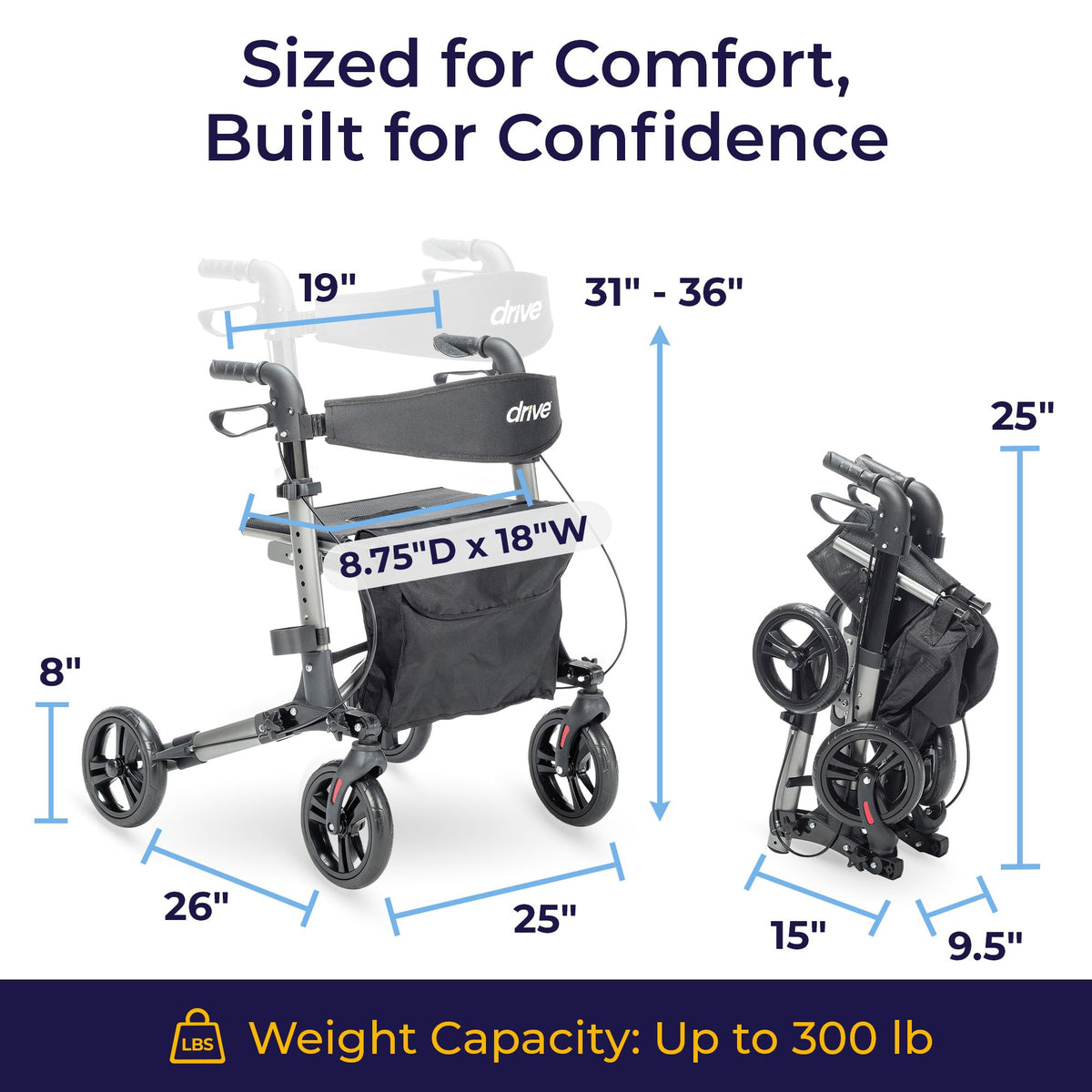 Compact Folding Rollator with Seat and Brakes, 8-Inch Wheels X49829
