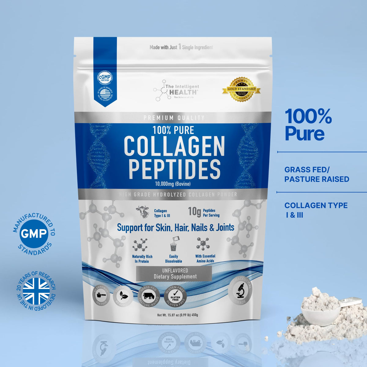 Collagen Peptides Powder, Hydrolyzed Type I & III, 45 Servings O58605