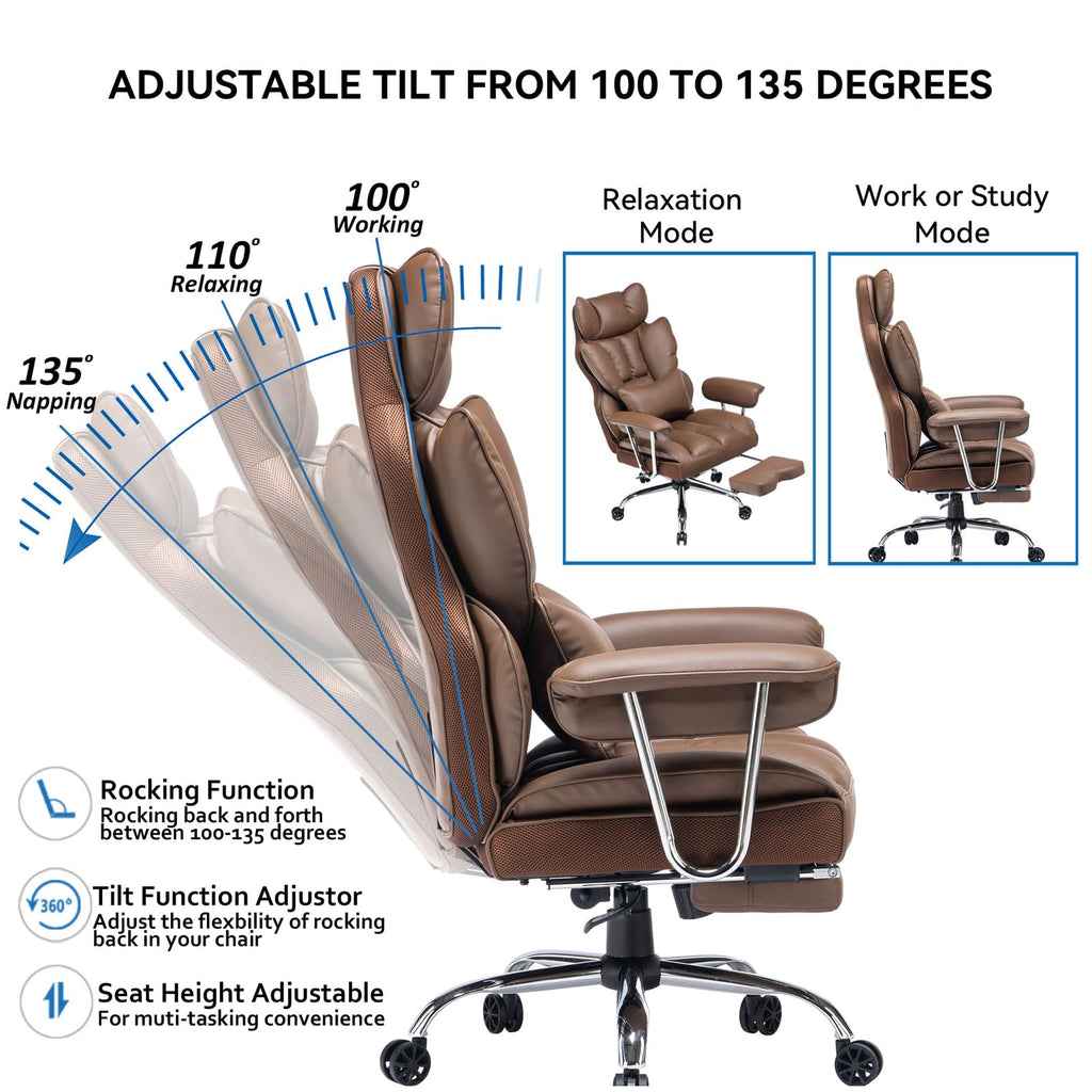 Big and Tall Brown PU Leather Office Chair with Lumbar Support Y688769