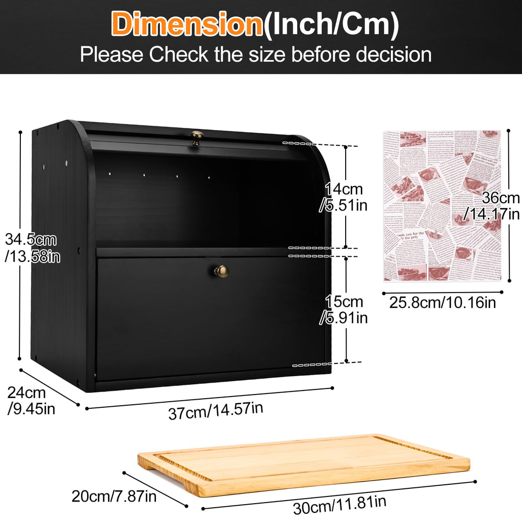 Black Roll Top Bread Box with Cutting Board F999458