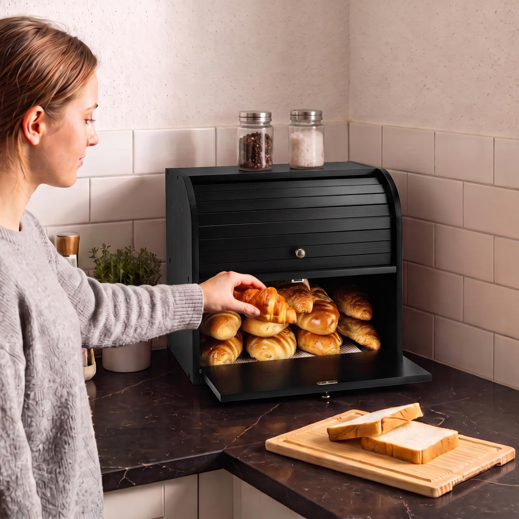 Black Roll Top Bread Box with Cutting Board F999458