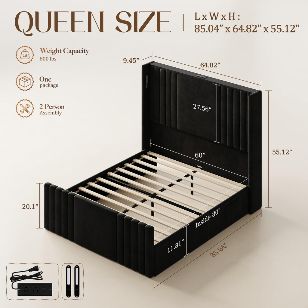 Queen Size Platform Bed Frame with Reading Lights X18139