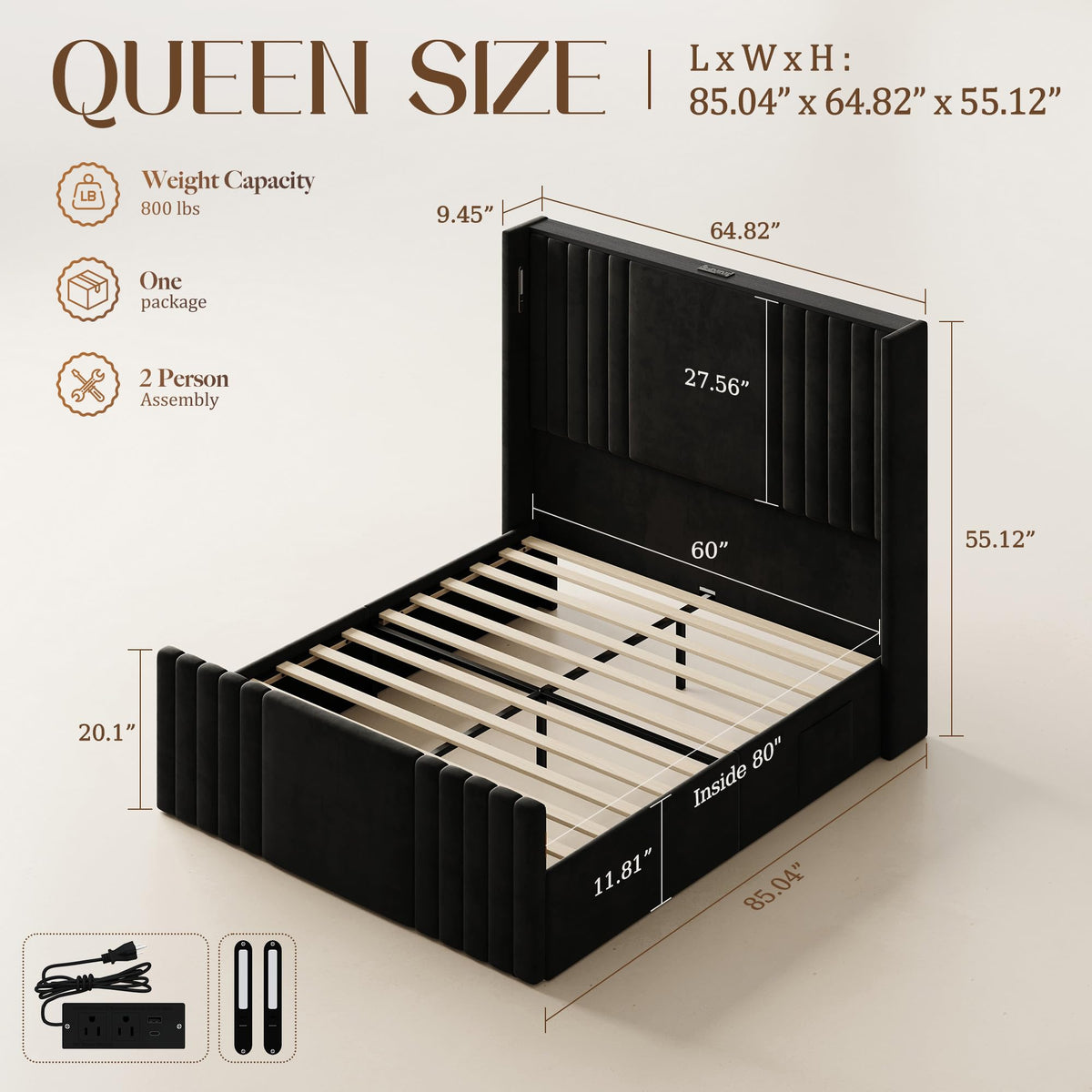 Queen Size Platform Bed Frame with Reading Lights X18139