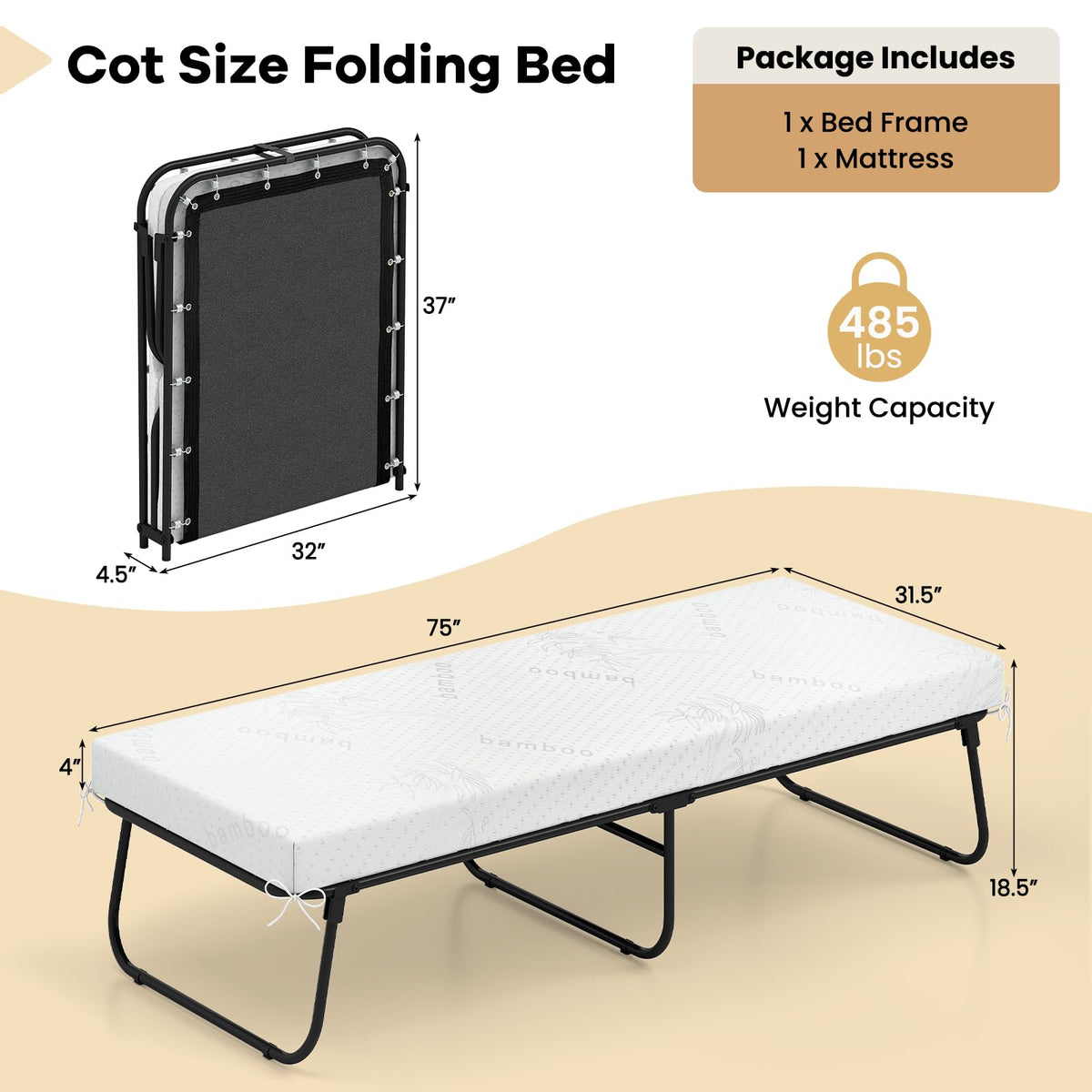 Folding Bed with Mattress Memory Foam Metal Frame L59229