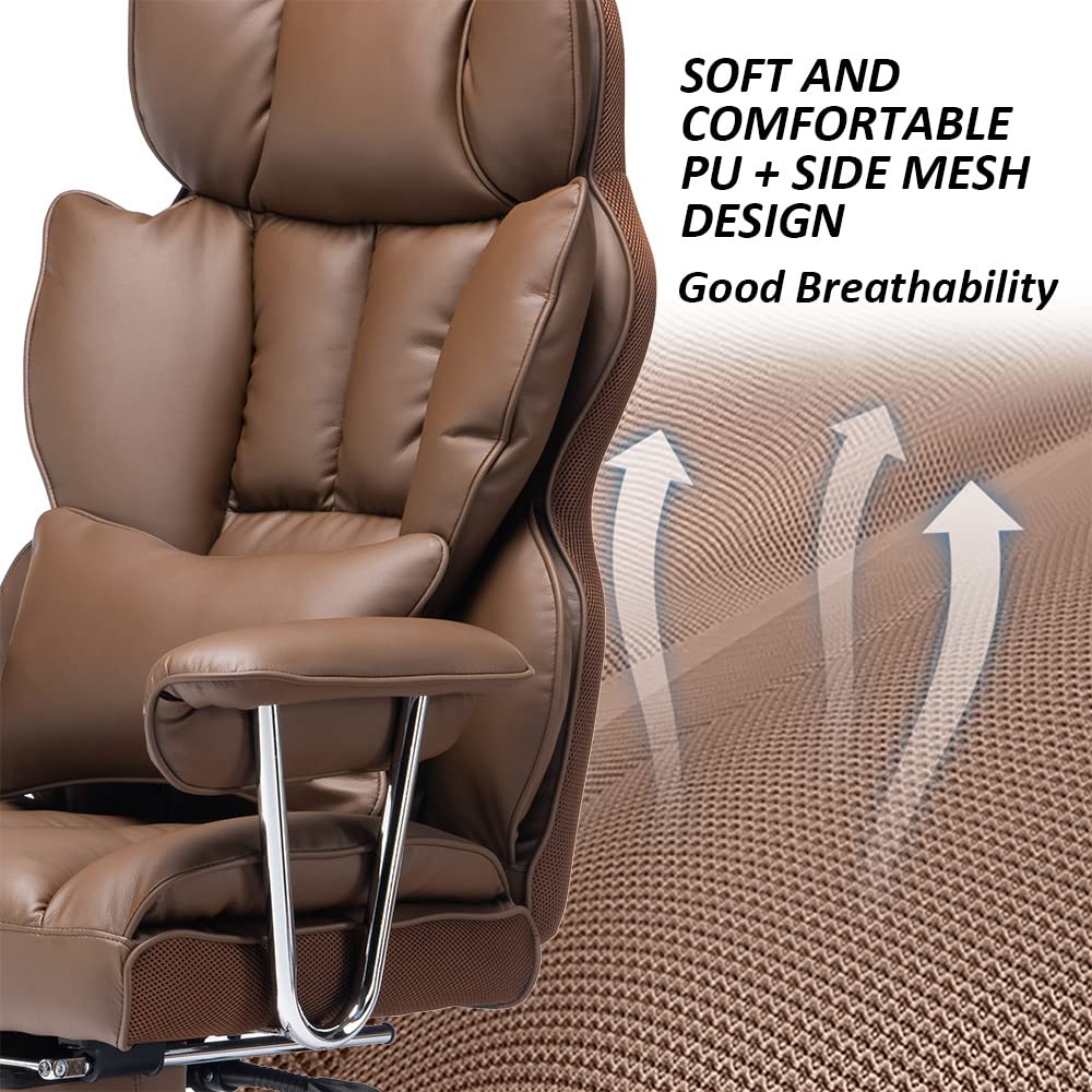 Big and Tall Brown PU Leather Office Chair with Lumbar Support Y688769