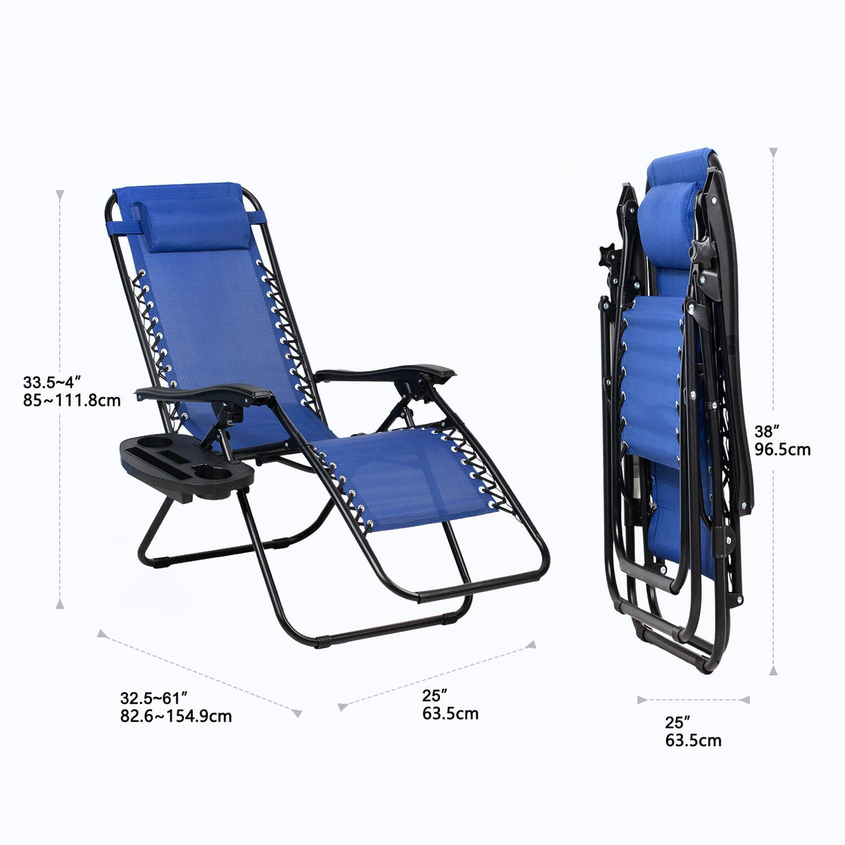 Set of 2 Adjustable Steel Mesh Zero Gravity Lounge Chairs with Pillow and Cup Holder J43306