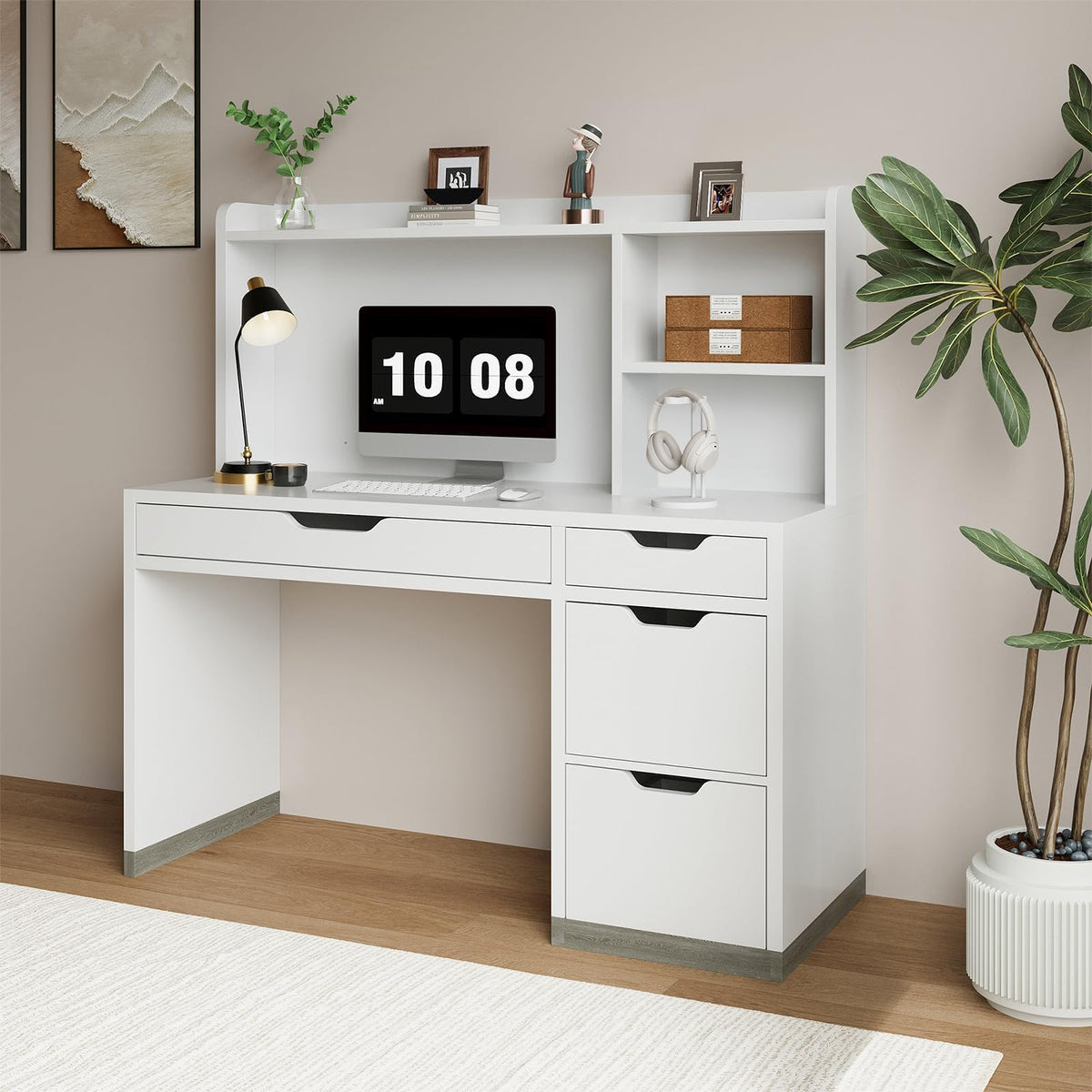 White Desk with Hutch and 4 Drawers R441451